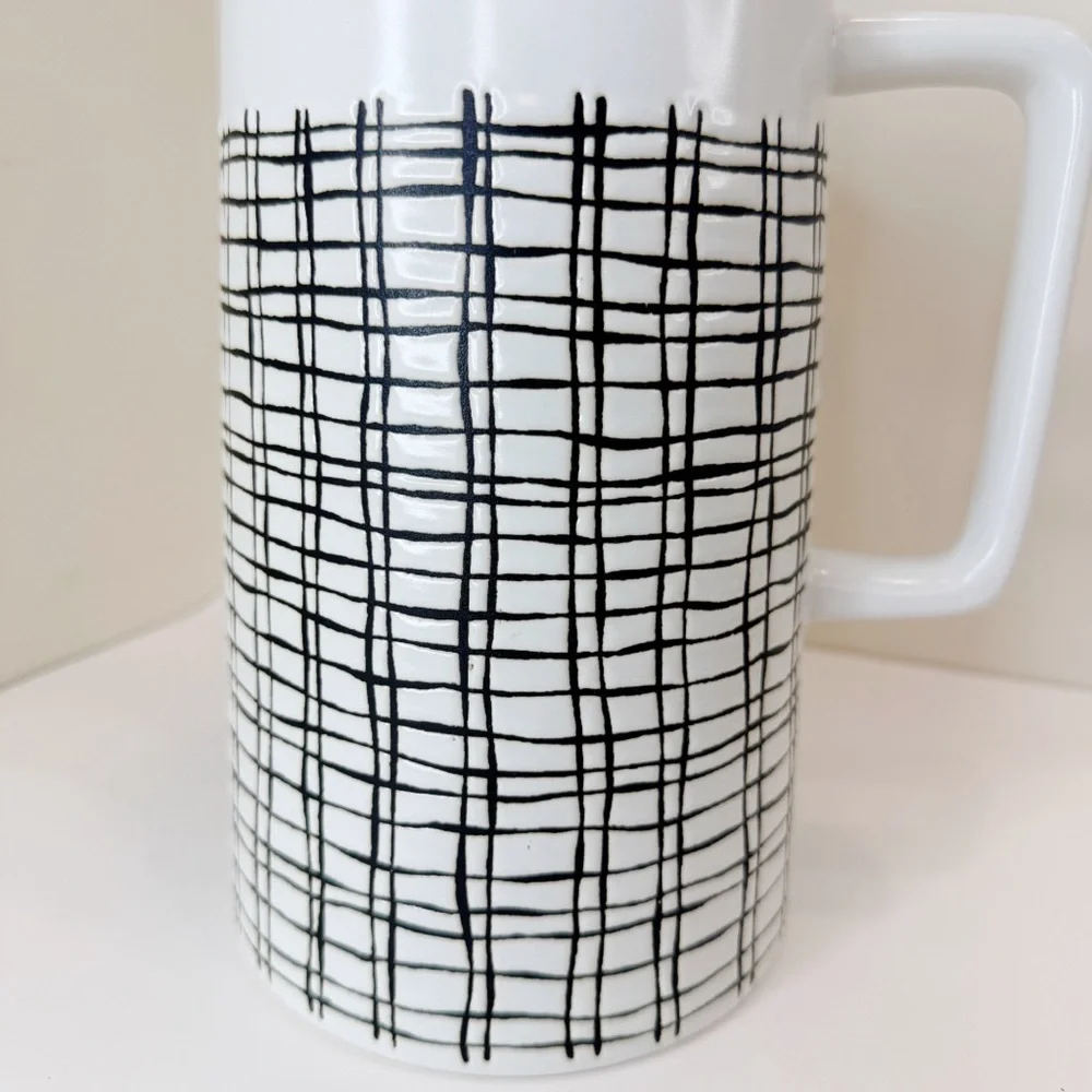 Pier 1 Imports Retired Ceramic Pitcher MCM Retro Off White Black Cross Hatch - Picture 2 of 10